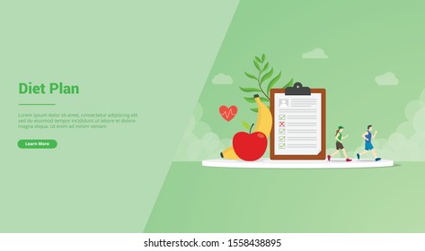 Diet Plan With Running And Health Food Plan Checklist For Website Template Or Landing Homepage Banner - Vector