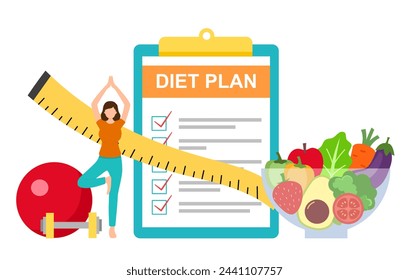 Diet plan schedule with healthy food and exercise items.