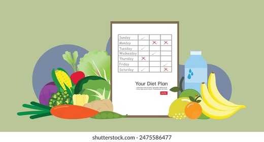 Diet plan schedule with Healthy food and Nutrition Diet, drinking water.Conceptual illustration of healthy eating, nutritional recommendations for balanced diet, vector illustration.