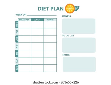 Diet plan schedule. Planning dieting meals for a week. Healthy eating schedule. Fitness, notes, to do list. Vector illustration 