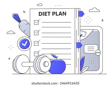 Plan de dieta concepto simple. Alimentos saludables y suplementos vitamínicos. Zanahoria y mancuerna de manzana. Estilo de vida activo y deportes, fitness. Nutrición adecuada. Ilustración vectorial plana de estilo simple de arte lineal