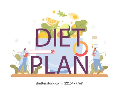 Diet plan typographic header. Nutrition therapy with healthy food and physical activity. Nutritionist helps a character with a weight loss program. Flat vector illustration