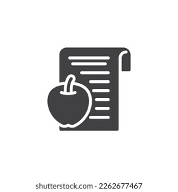 Icono vectorial del plan de dieta. Lista de papel y símbolo plano rellenado de manzanas para el concepto móvil y el diseño web. Icono de glifo de dieta con pérdida de peso. Símbolo, ilustración del logotipo. Gráficos vectoriales