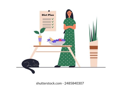 Concepto de Web de plan de dieta con escena de personas en diseño plano. La mujer sigue la dieta, obtiene desintoxicación y controla las calorías, come productos frescos y naturales. Ilustración vectorial con la situación del carácter para el Web