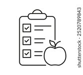 Diet Planning Checklist With Apple Line Icon, Healthy Food And Nutrition Concept, Wellness And Diet Design. Nutritious Food Choices. Isolated Vector Illustration.