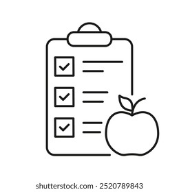 Diet Planning Checklist With Apple Line Icon, Healthy Food And Nutrition Concept, Wellness And Diet Design. Nutritious Food Choices. Isolated Vector Illustration.