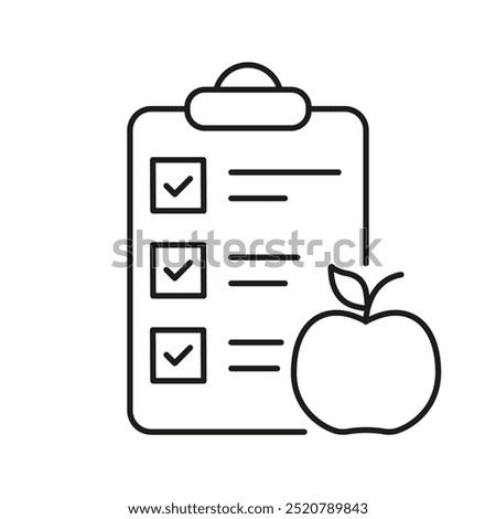 Diet Planning Checklist With Apple Line Icon, Healthy Food And Nutrition Concept, Wellness And Diet Design. Nutritious Food Choices. Isolated Vector Illustration.