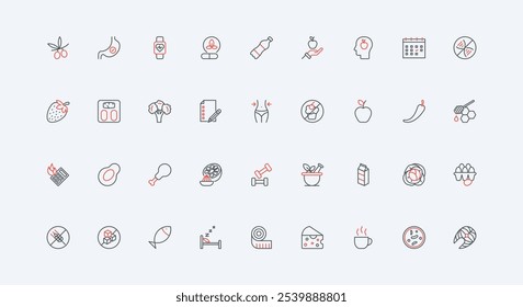 Diet planning, dietary supplements and healthy nutrition, calorie burning line icon set. Gluten, sugar and fast food free for body health thin black and red outline symbols vector illustration