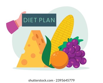 Diet planning food menu with corn, grapes, orange and cheese. Fresh vegetables and fruit. Character design. Vector flat illustration