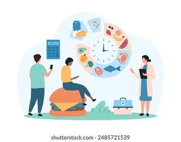 Diet planning, meal schedule and nutrients during day. Tiny people study chart planner with clock and food list for healthy menu balance, count calories on calculator cartoon vector illustration