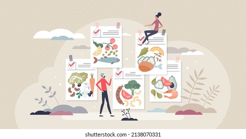 Diet plans and eating control with ingredients program tiny person concept. Dieting planning with nutrition schedule and preplanned regime list vector illustration. Healthy food and weight loss advice