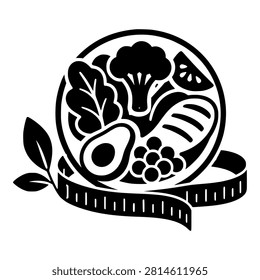 Diet Plate with Vegetables and Measuring Tape, Black Vector Icon for Weight Loss and Nutrition
