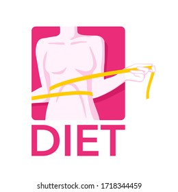 Diet poster -  illustration of slim female body silhouette - woman that measures her waist with measuring tape