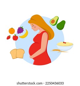 Diet for pregnant mother flat vector illustration. Infographic with cartoon woman and food for baby health isolated on white background. Pregnancy, nutrition, food concept