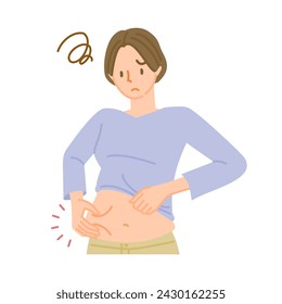 Diet problems: A woman pinches her belly with her hands