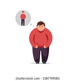 Diet, proper nutrition, nutritional plan. Flat design young man thinks how to lose weight and become thin