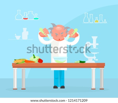 Diet researching concept in flat design. Dietician doctor testing food products in lab. Vector illustration eps 10