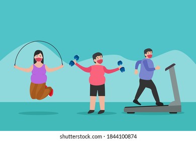 Diet Resolution Vector Concept: Group Of Overweight People In Face Mask Doing Exercise For Weight Loss With Skipping Rope, Dumbbell, And Treadmill