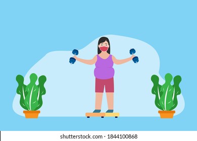 Diet Resolution Vector Concept: Overweight Woman In Face Mask Doing Exercise With Dumbbell For Weight Loss While Standing On The Scales