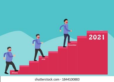 Diet resolution vector concept: Overweight man in face mask climbing stairs for weight loss toward the top stair with number 2021