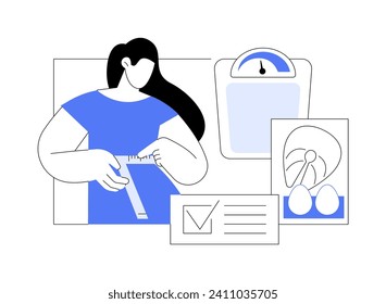 Diet results isolated cartoon vector illustrations. Smiling girl measuring waist and looking at mirror, happy with diet results, healthy nutrition, weight loss, slim tummy vector cartoon.