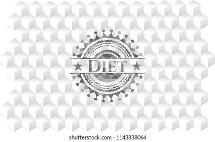 Diet retro style grey emblem with geometric cube white background