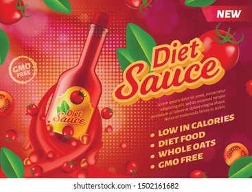 Diet Sauce Horizontal Banner, Low Calories, Whole Oats, GMO Free Ketchup Bottle Wrapped with Fresh Tomato Liquid Splash, on Red Background. Advertising Promo Design, Realistic 3d Vector Illustration