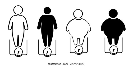 Escala de dieta o escala de pesaje. Concepto de equilibrio. Icono de la escala de peso del cuarto de baño. Día mundial de la diabetes. Gente con problemas de sobrepeso, obesidad. Grasa, calorías y cosquillas, hombre de figura de palo.