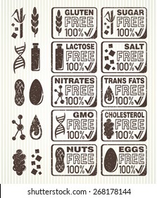 Diet signs collection. Gluten, lactose, sugar, salt, nuts, eggs, nitrates, cholesterol, trans fats and GMO free labels.