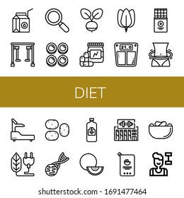 diet simple icons set. Contains such icons as Milk box, Gym equipment, Active, Curd, Radish, Vitamins, Spinach, Bathroom scale, Chocolate bar, can be used for web, mobile and logo
