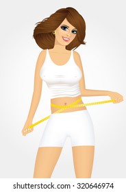 diet, sport and heath concept - beautiful sporty woman with measuring tape