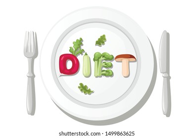 DIET style cartoon vegetable design on white plate with knife and fork flat vector illustration isolated on white background