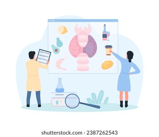 Dieta para la ilustración del vector de la enfermedad tiroidea. Los médicos diminutos con lupa y el portapapeles con receta médica aconsejan a los alimentos aliviar los síntomas del hipotiroidismo, hipertiroidismo