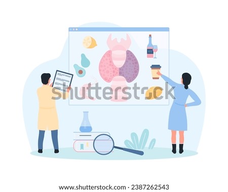 Diet for thyroid disease vector illustration. Cartoon tiny doctors with magnifying glass and clipboard with medical prescription advise food to relieve symptoms of hypothyroidism, hyperthyroidism