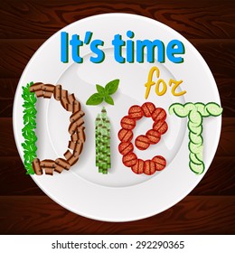 Diet time - Word made from fresh vegetables and herbs on wooden table. Vector image can be used for posters and print cards design about health and diets.