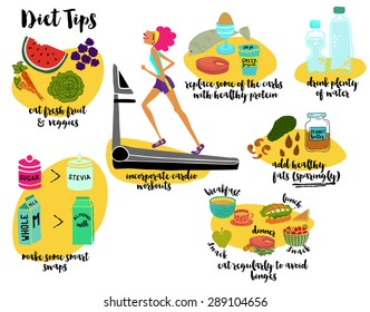 Diet Tips - Recommending cardio workouts, fresh fruit and veggies, regular meals, healthy protein and fats, lots of water and replacing sugar. Hand drawn, cartoon style vector