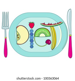 Diet. Title made of fruits, on plate. Creative vector illustration.