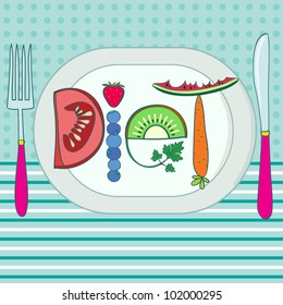 Diet. Title made of fruits, on plate. On ornate background. Creative vector illustration.