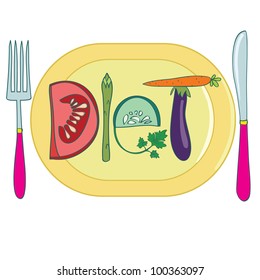 Diet. Title made of vegetables, on plate. Creative vector illustration.