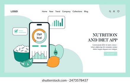 Diet tracking app concept. Interface for calorie counting and healthy eating guidance. Smart technology for nutrition management. Vector illustration.