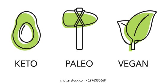 Diet types - Keto, Paleo, Vegan. Labeling for dieting nutrition in thin line simple decoration. Isolated vector icons set