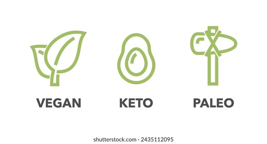 Tipos de dieta: Keto, Paleo, Vegano. Etiquetado para nutrición dietética en línea delgada decoración simple. Iconos vectoriales aislados establecidos en negrita