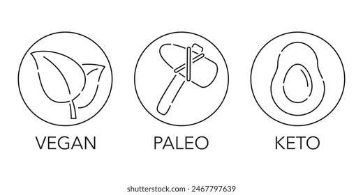 Diet types - Keto, Paleo, Vegan. Labeling for dieting nutrition in monochrome decoration. circular icons set in thin separated lines