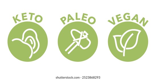 Diet types - Keto, Paleo, Vegan. Labeling for dieting nutrition in thin line simple decoration. Isolated vector icons set in bold line and circular shapes