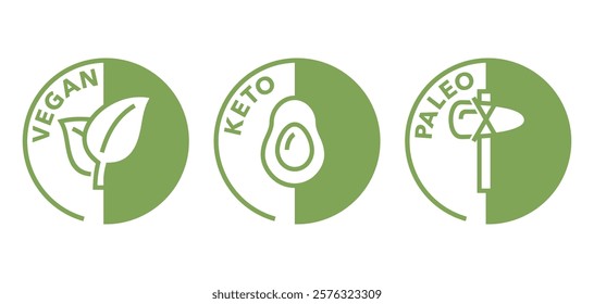 Diet types - Keto, Paleo, Vegan. Labeling for dieting nutrition in thin line simple decoration. Isolated vector icons set in bold line and semicircular shapes