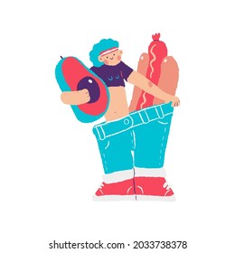 Diet vector concept illustration with cute woman character in oversize jeans with avocado and hotdog isolated on a white background.