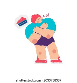 Diet vector concept illustration with cute woman character refuses piece of cake isolated on a white background.
