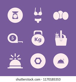 diet vector icons set. with bell, proper meal, nut and kitchen scale in set