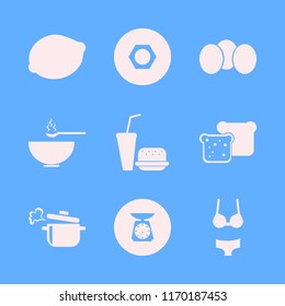 diet vector icons set. with eggs, boiled pan, lemon and woman underwear in set