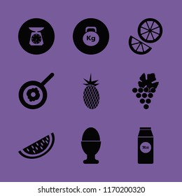 diet vector icons set. with fried egg, grape, kitchen scale and pack milk in set